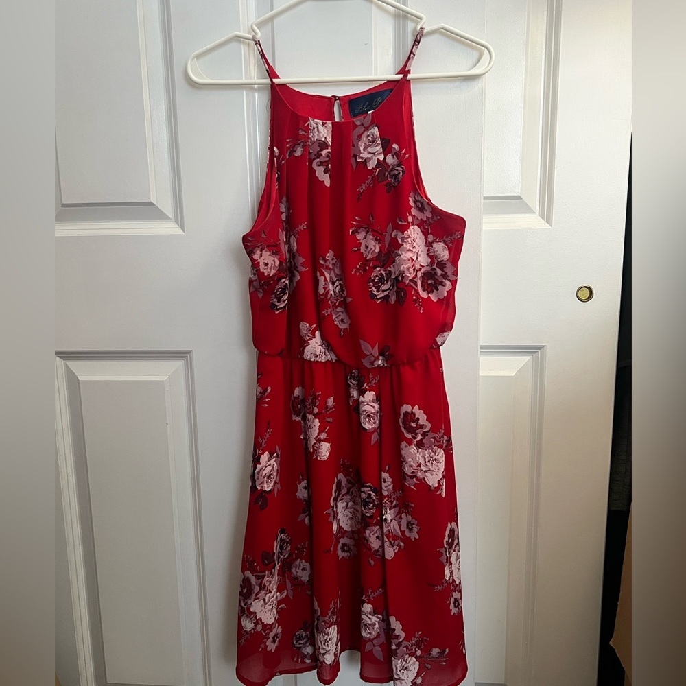 Blue rain red floral above knee halter dress